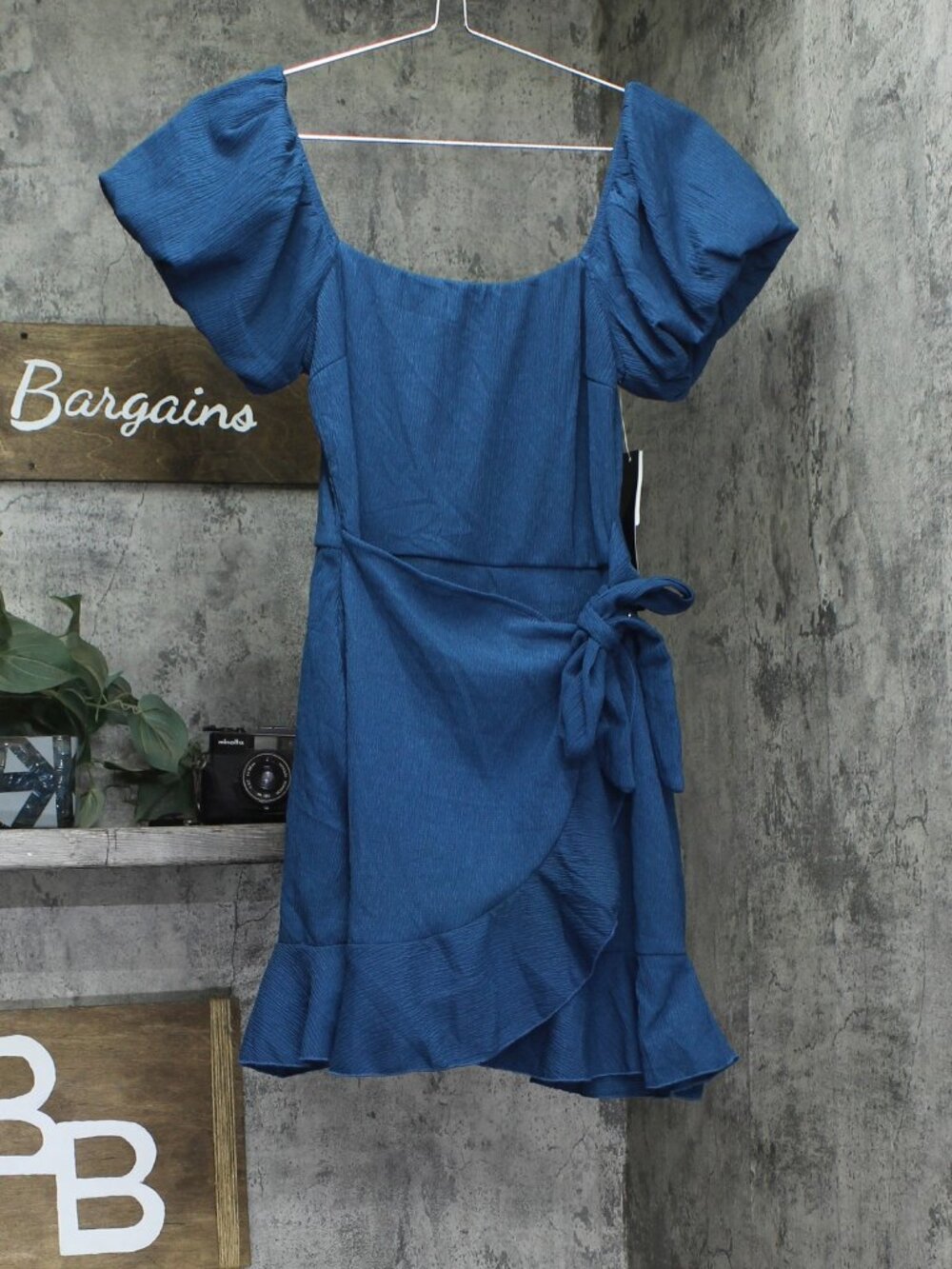 Trixxi Blue Puff Sleeve Side Tie Fit Flare Faux Wrap Mini Dress Dark Sz S